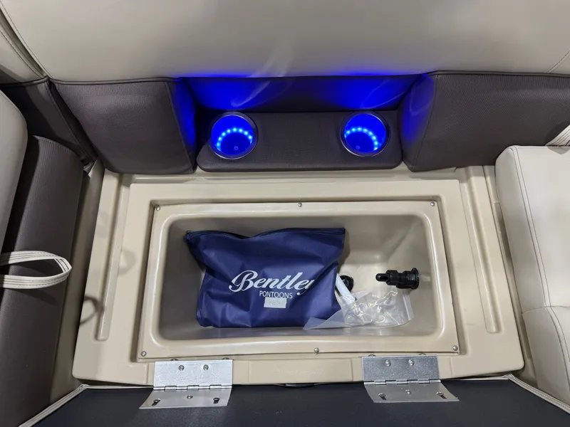 Slide: The Image of Interior of 2026 Bentley Pontoons Legacy with blue lighting. - 29