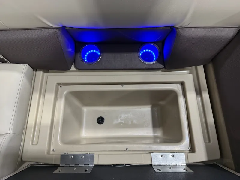 Slide: The Image of Interior of 2026 Bentley Pontoons Legacy with illuminated cup holders. - 30