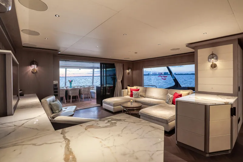 Slide: The Image of Luxurious interior of 2021 Sirena 88 yacht with elegant seating and ocean view. - 33