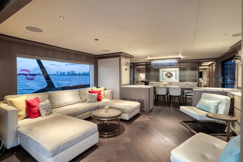 Slide: The Image of Luxurious interior of 2021 Sirena 88 yacht with elegant seating and ocean view. - 35