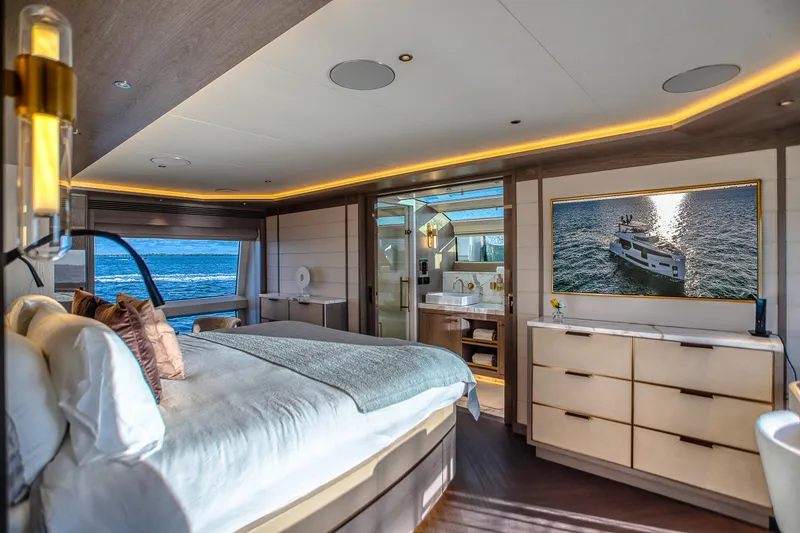 Slide: The Image of Luxurious interior of 2021 Sirena 88 yacht with ocean view and elegant furnishings. - 42