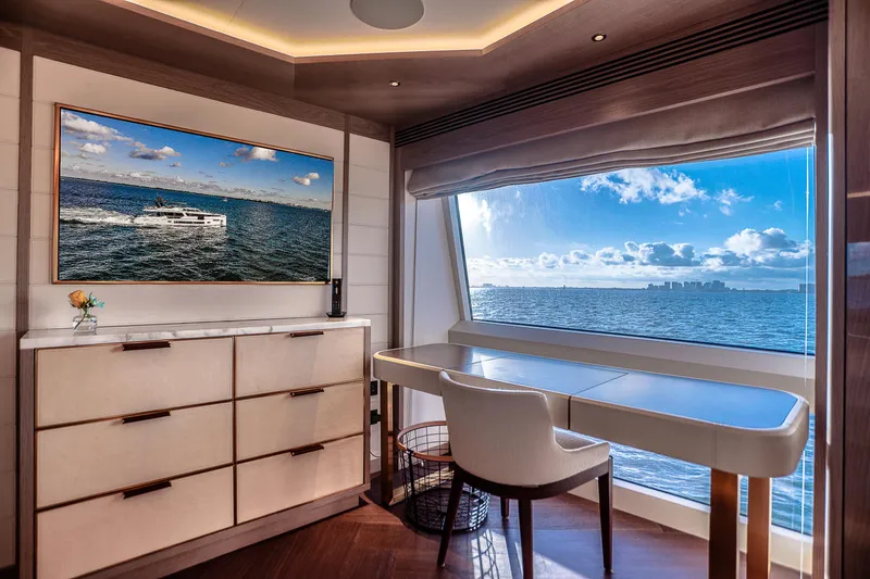 Slide: The Image of Luxurious interior of 2021 Sirena 88 yacht with ocean view and elegant furnishings. - 45