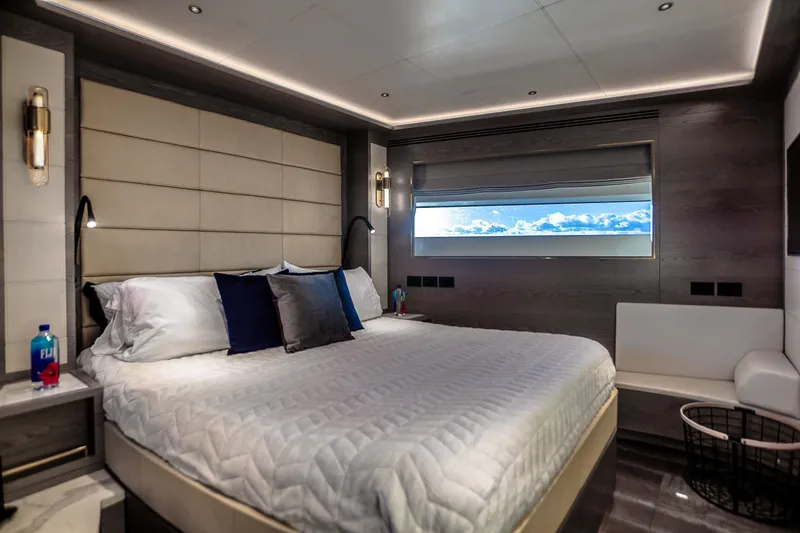 Slide: The Image of Luxurious bedroom interior of 2021 Sirena 88 yacht with modern design and ocean view. - 54