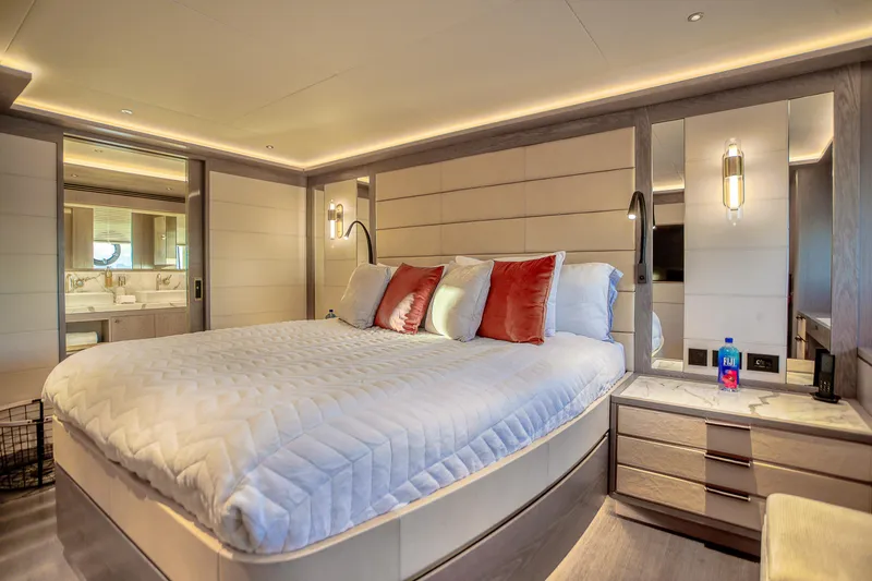 Slide: The Image of Luxurious bedroom interior of 2021 Sirena 88 yacht with modern design and elegant lighting. - 65