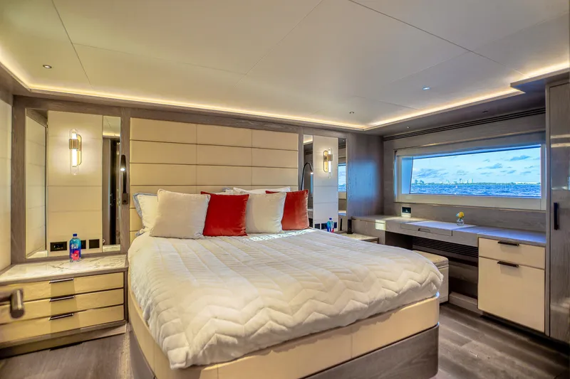 Slide: The Image of Luxurious bedroom interior of 2021 Sirena 88 yacht with ocean view window. - 67