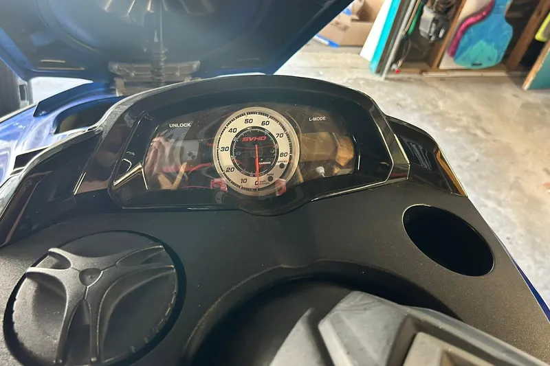 Slide: The Image of 2017 Yamaha WaveRunner FX Cruiser SVHO dashboard with speedometer in a garage setting. - 33