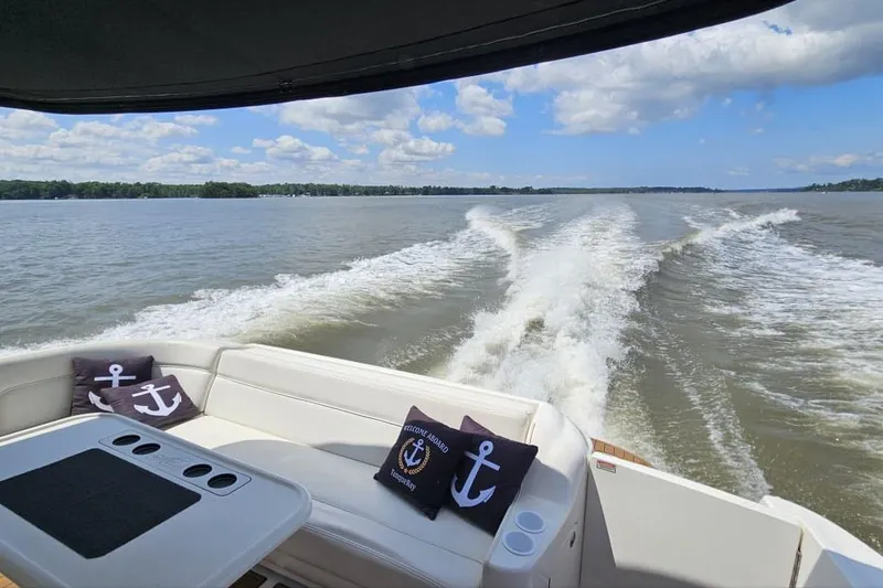 Slide: The Image of 2001 Sea Ray Sundancer 460 cruising on a lake, featuring a comfortable seating area. - 10