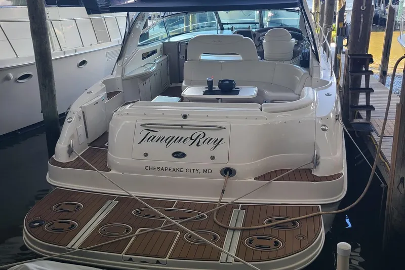 Slide: The Image of 2001 Sea Ray Sundancer 460 docked in Chesapeake City, MD, with elegant teak decking. - 17