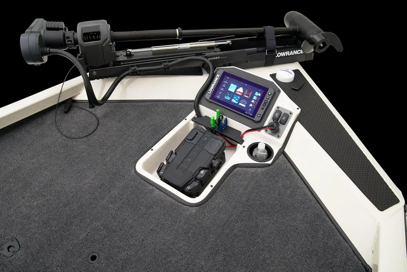 Slide: The Image of 2026 Ranger RT198P boat with Lowrance Ghost trolling motor in a parking lot. - 8