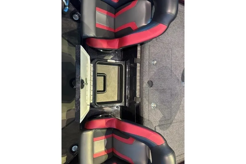 Slide: The Image of 2026 Nitro Z21 XL boat interior with red and black seats and storage compartment. - 8