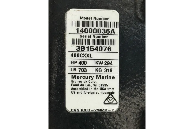 Slide: The Image of Label on Mercury Marine engine, model 400CXXL, 400 HP, for Sea Fox 328 Commander 2022. - 10