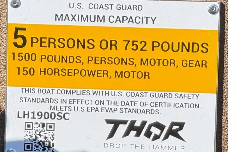 Slide: The Image of Thor Lake Hammer 1900SC 2026 boat capacity label, U.S. Coast Guard compliant. - 9