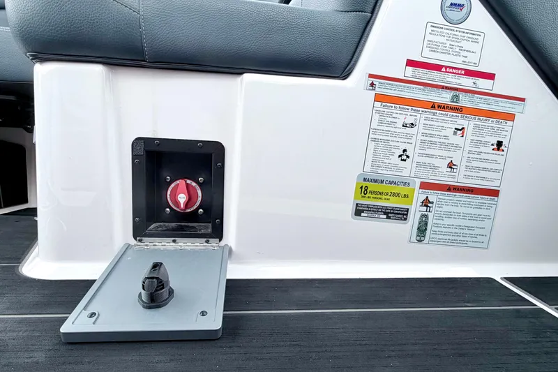 Slide: The Image of 2023 Supra SE 550 boat interior with safety warnings and capacity details. - 38