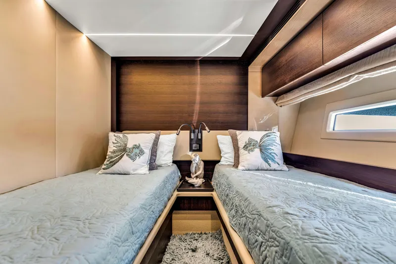 Slide: The Image of Luxurious twin cabin interior of 2016 Azimut Fly 72 yacht with elegant bedding. - 46