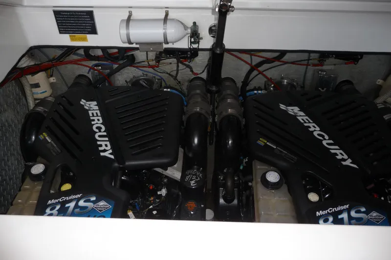 Slide: The Image of Engine compartment of 1989 Baja 280 Sportfish with dual Mercury MerCruiser 8.1S engines. - 30