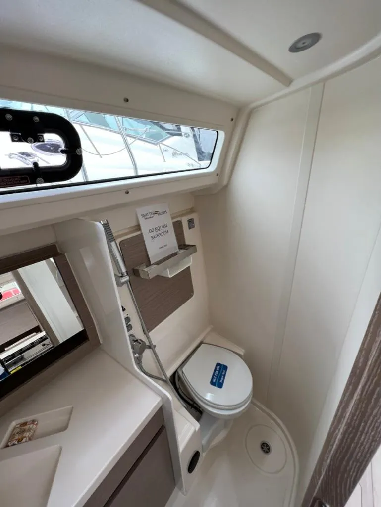 Slide: The Image of 2023 Hanse 388 yacht bathroom with modern fixtures and compact design. - 27