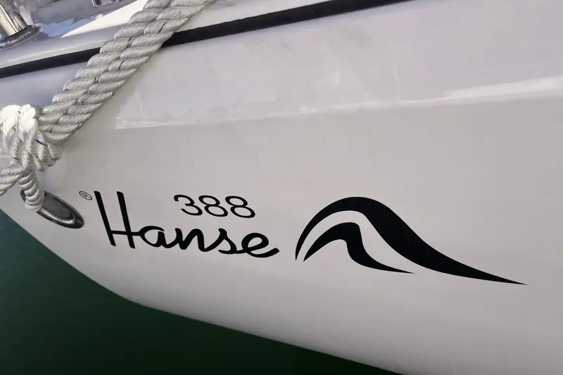 Slide: The Image of Close-up of 2023 Hanse 388 yacht logo with rope detail. - 32