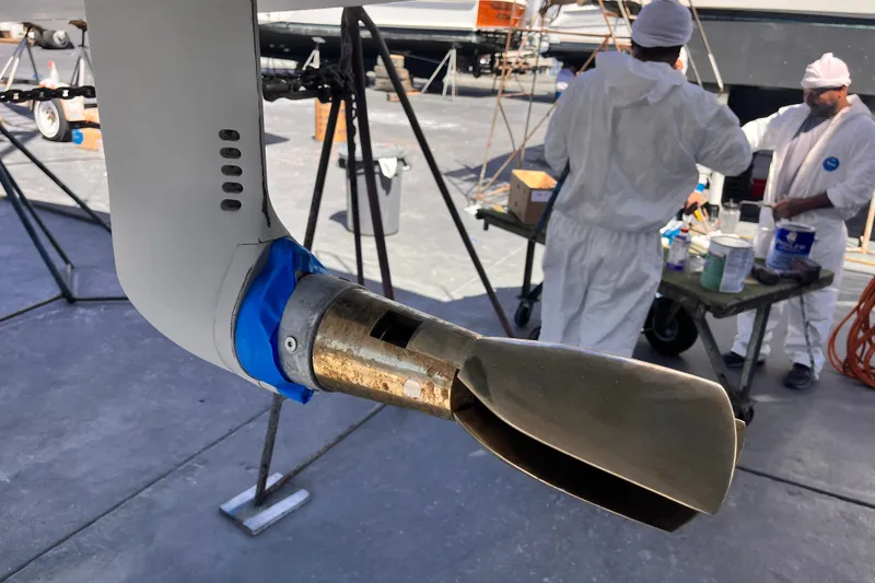 Slide: The Image of Hanse 388 2023: Boat maintenance with propeller in foreground. - 41