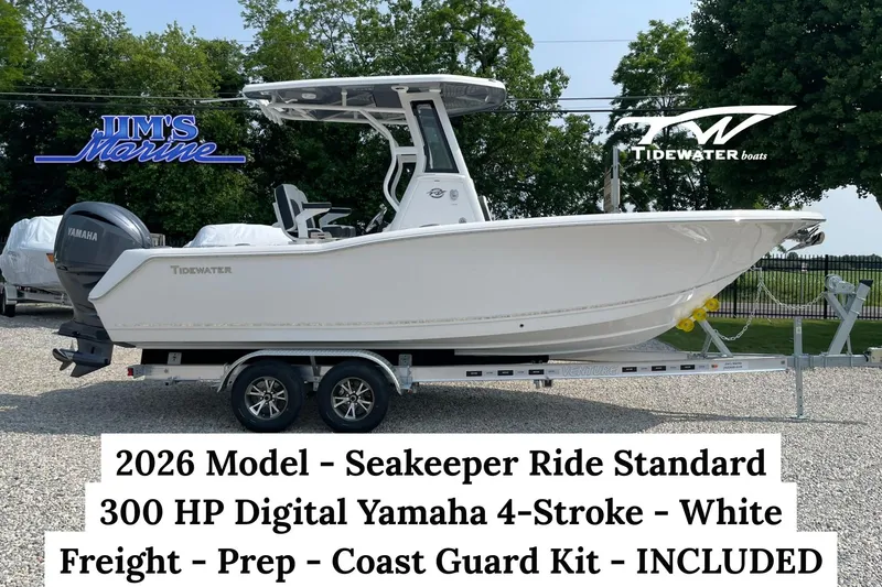 The Image of 2026 Tidewater 232 CC Adventure boat with Yamaha 300 HP engine on trailer. - 0