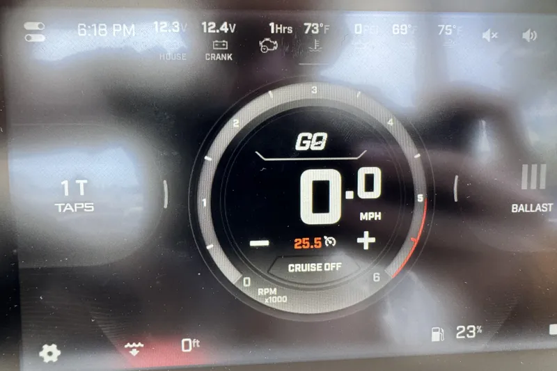 Slide: The Image of Dashboard display of 2026 ATX Surf Boats 22 Type-S, showing speed, RPM, and settings. - 12