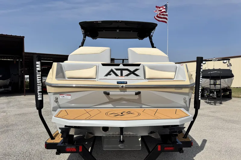 Slide: The Image of 2026 ATX Surf Boats 22 Type-S, rear view with American flag in background. - 3