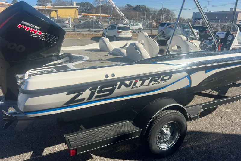 Slide: The Image of 2022 Nitro Z19 Sport boat with Mercury Pro XS engine on trailer. - 10