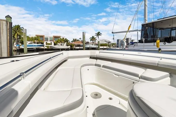 Slide: The Image of 2020 Yellowfin 39 Center Console boat interior at marina. - 14