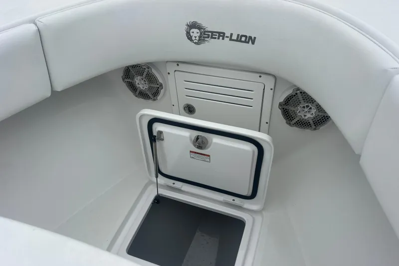 Slide: The Image of 2022 Sea-Lion 34 TE boat interior with storage compartment and speakers. - 17