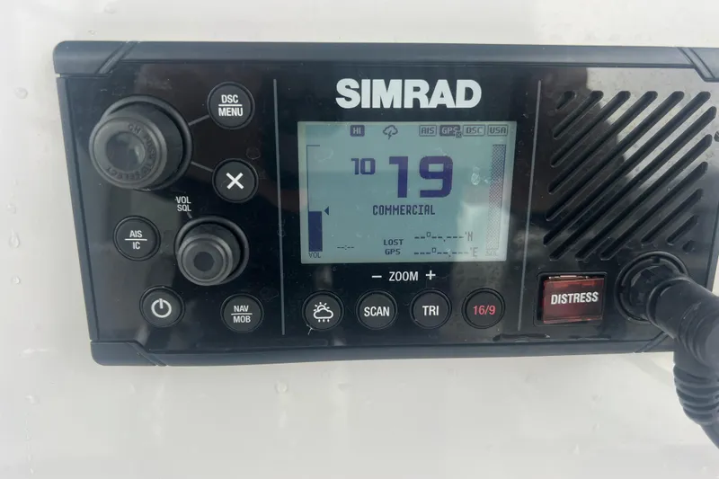 Slide: The Image of Simrad marine radio display on 2022 Sea-Lion 34 TE boat, showing channel 19. - 29