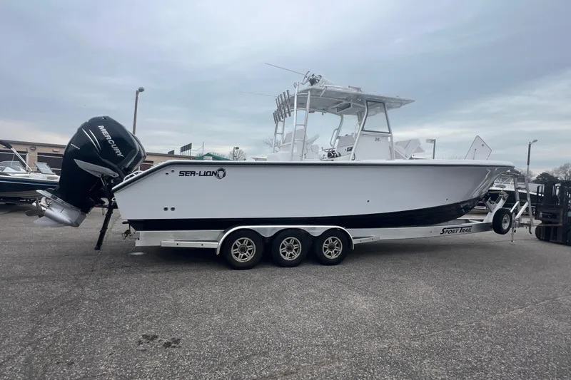 Slide: The Image of 2022 Sea-Lion 34 TE boat on trailer with Mercury outboard engine. - 4