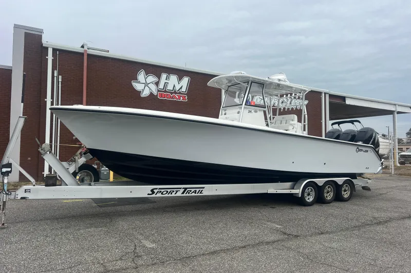 Slide: The Image of 2022 Sea-Lion 34 TE boat on trailer outside HM Boats building. - 41