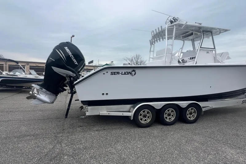 Slide: The Image of 2022 Sea-Lion 34 TE boat on trailer with Mercury outboard engine. - 5