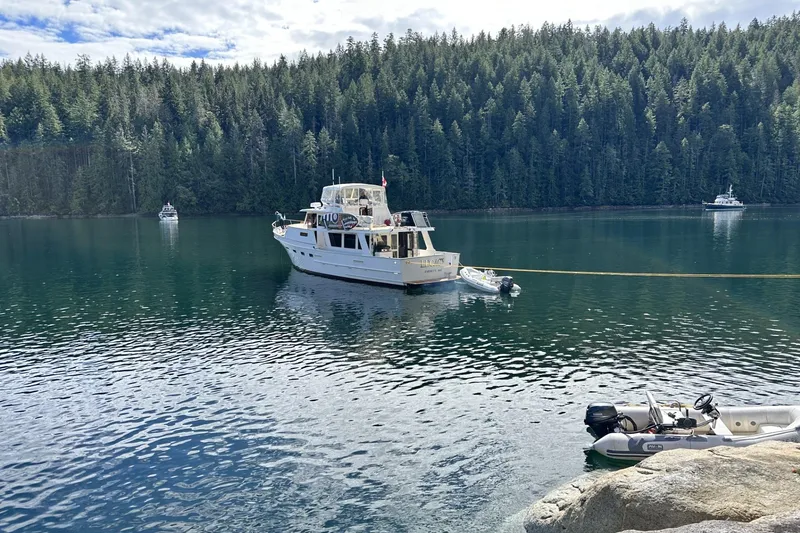 Slide: The Image of Ocean Alexander 50 Pilothouse yacht anchored in a serene forested bay, 1981 model. - 1