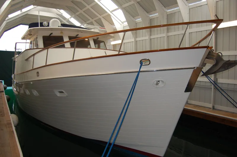 Slide: The Image of 1981 Ocean Alexander 50 Pilothouse yacht in a boathouse. - 10