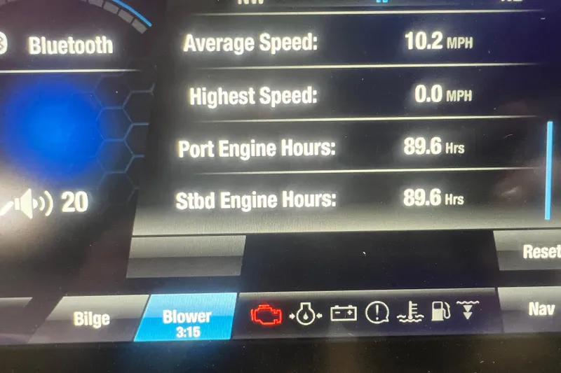Slide: The Image of Dashboard of 2021 Yamaha Boats 255XD showing engine hours and speed metrics. - 24