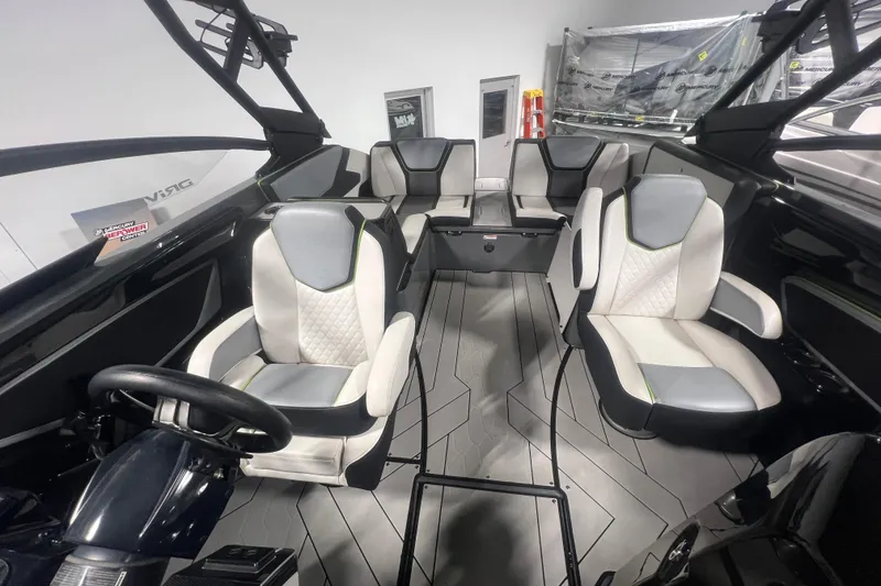 Slide: The Image of Interior of 2021 Yamaha Boats 255XD, featuring modern seating and sleek design. - 36