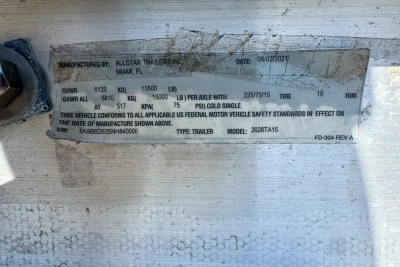 Slide: The Image of Label on Wellcraft 262 Fisherman trailer, manufactured by Allstar Trailers, Miami, FL, dated 08/02/2021. - 105