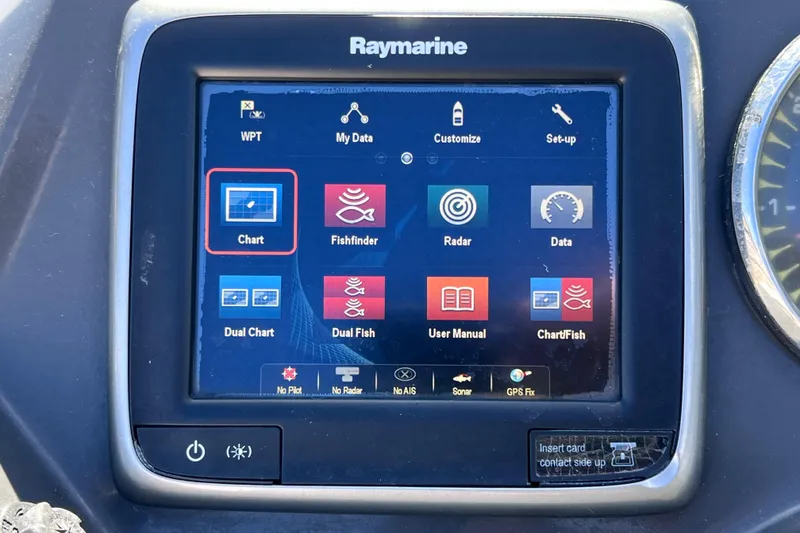 Slide: The Image of Touchscreen display on a 2015 Sea Ray 21 SPX OB boat showing navigation and data options. - 44