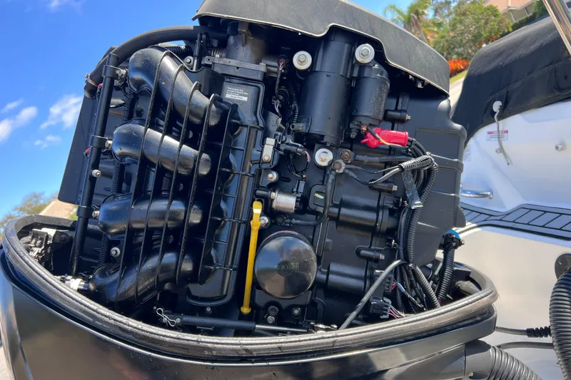 Slide: The Image of Close-up of a 2015 Sea Ray 21 SPX OB outboard engine, showcasing intricate mechanical details. - 50