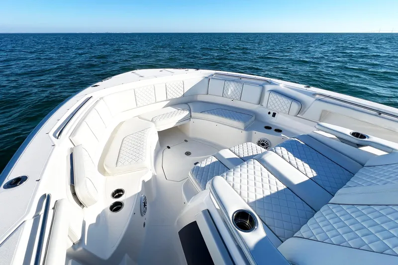 Slide: The Image of Luxurious seating on 2023 Pursuit S 378 Sport boat, with ocean view. - 51