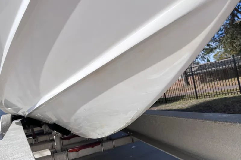 Slide: The Image of 2004 Yellowfin 36 Offshore boat hull on trailer, close-up view. - 44