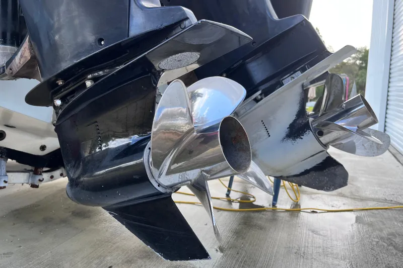 Slide: The Image of Close-up of dual propellers on a 2004 Yellowfin 36 Offshore boat. - 71