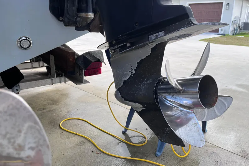 Slide: The Image of 2004 Yellowfin 36 Offshore boat propeller and motor on a trailer. - 72