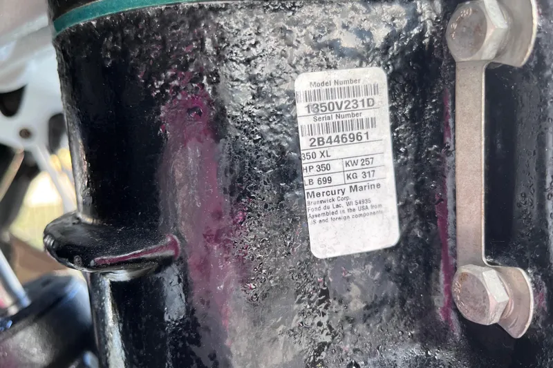 Slide: The Image of Label on Mercury Marine engine, model 350 XL, attached to 2004 Yellowfin 36 Offshore. - 74