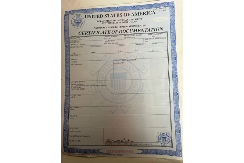 Slide: The Image of United States Coast Guard Certificate for 2006 Beneteau 343 sailboat. - 6