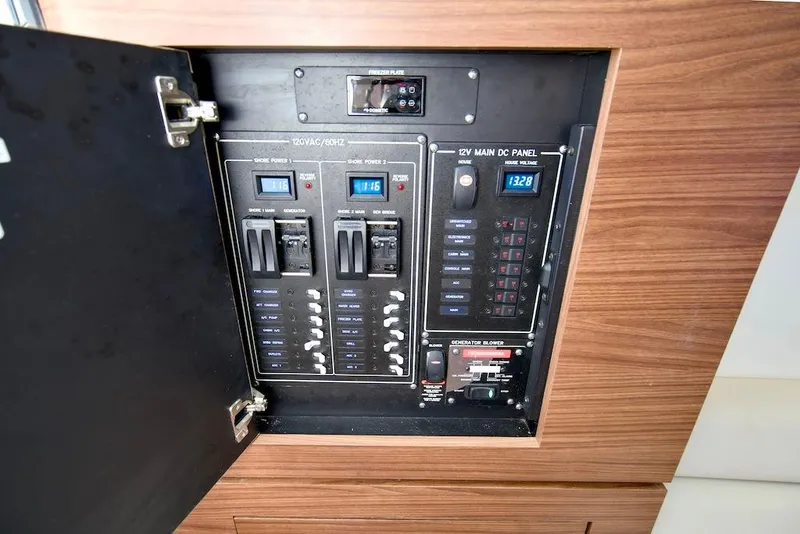 Slide: The Image of Electrical panel of a 2019 Boston Whaler 350 Realm boat, showcasing controls and voltage displays. - 29