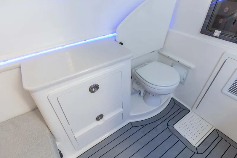 Slide: The Image of Manufacturer Provided Image: 2025 Cobia 350 Center Console boat interior with modern bathroom amenities. - 11