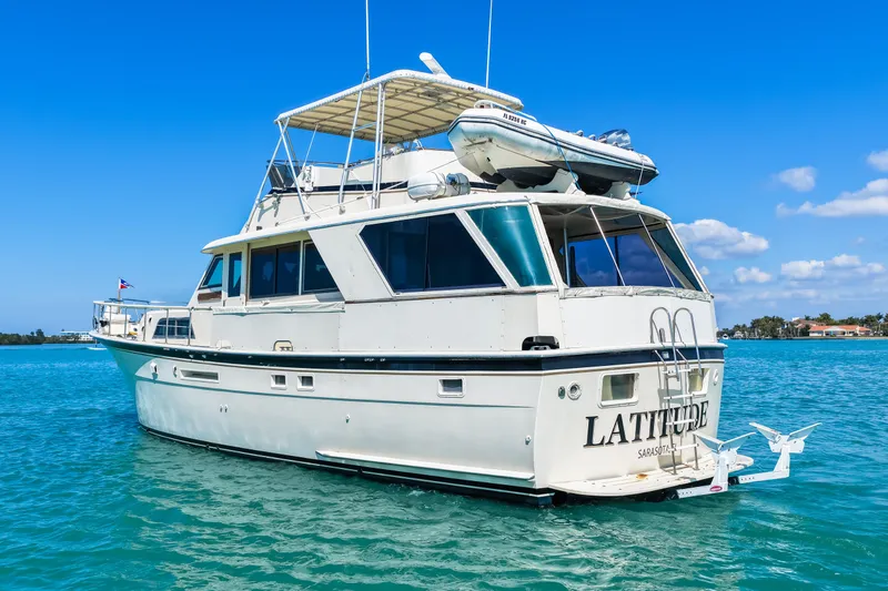 Slide: The Image of 1979 Hatteras 53 Motor Yacht on clear blue water, sunny day, rear view. - 5