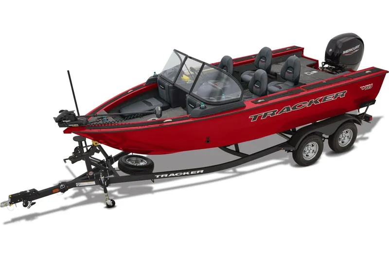 Slide: The Image of 2026 Tracker Targa V-18 Combo boat in vibrant red on a trailer. - 2