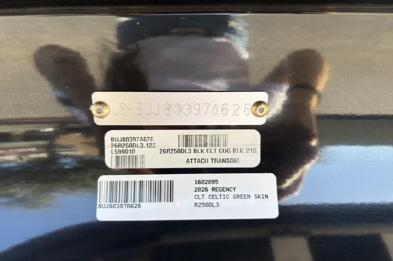 Slide: The Image of Hull identification number plate on a 2026 Regency 250 DL boat. - 121